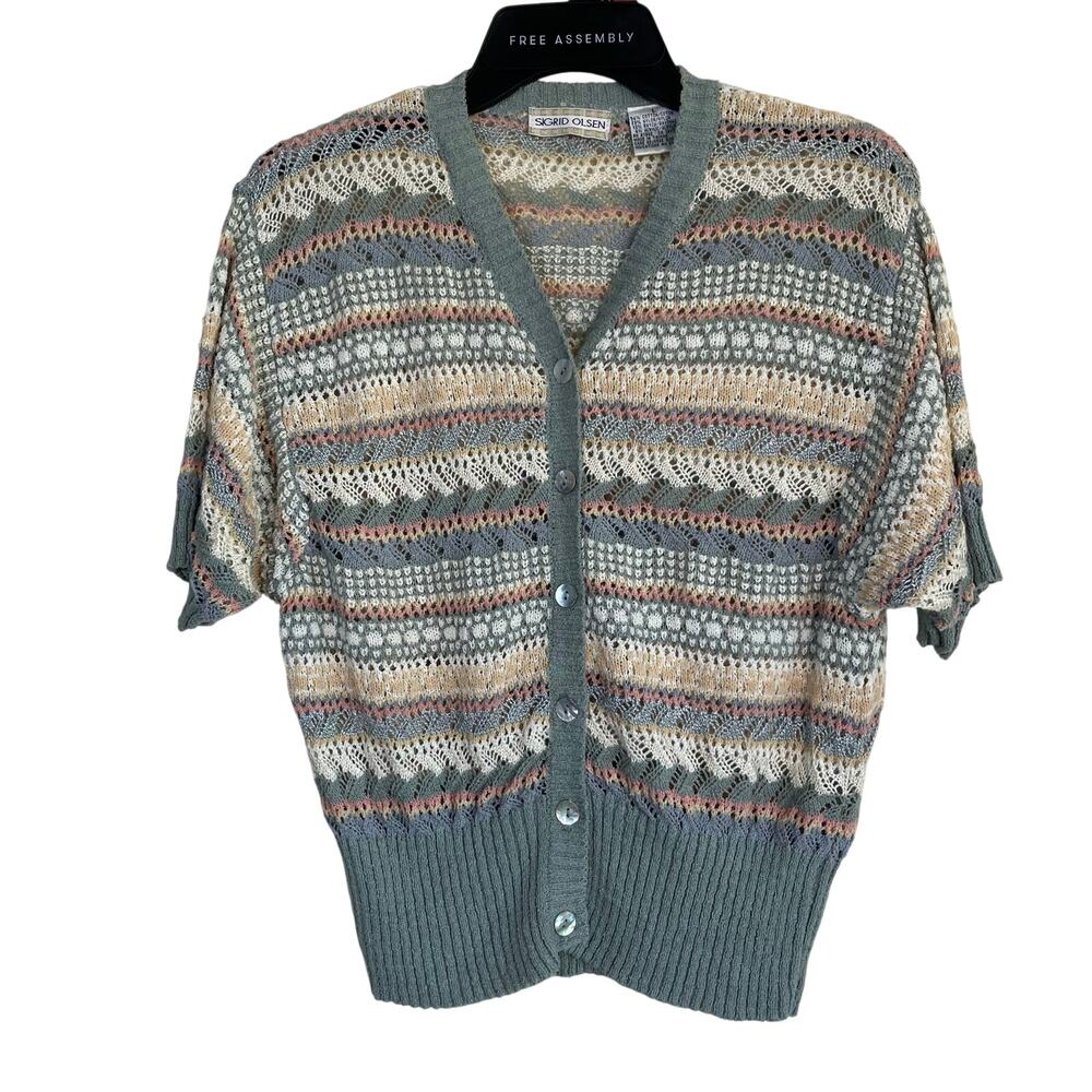 Sigrid Olsen Sz L Vintage Short Sleeve Crochet Cardigan Button-up Pastel Colors
